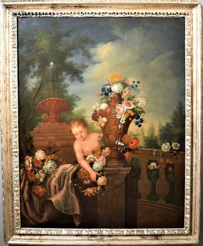 Still Life of Flowers with Putto and Fontain